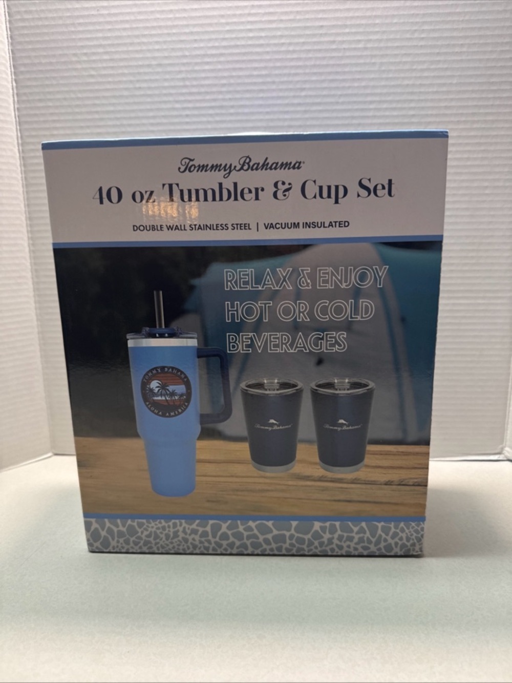 Tommy Bahama Light Blue 40 oz Tumbler & Matching Dark Blue Cups Set